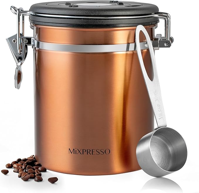 Mixpresso Copper 16 Oz Stainless Steel Coffee Canister with Scoop – Airtight Coffee Container with CO2 Valve for Bean Storage, Date Tracker Lid