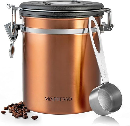 Mixpresso Copper 16 Oz Stainless Steel Coffee Canister with Scoop – Airtight Coffee Container with CO2 Valve for Bean Storage, Date Tracker Lid