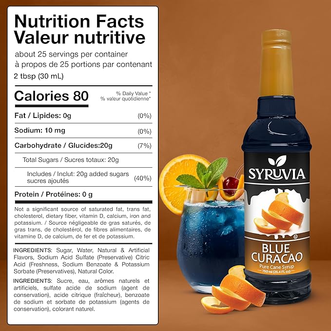 Syruvia Blue Curacao Syrup, Flavored Syrup for Cocktails, Drinks, Lemonades, Iced Teas, and Desserts – 25.4 fl oz, With Pump