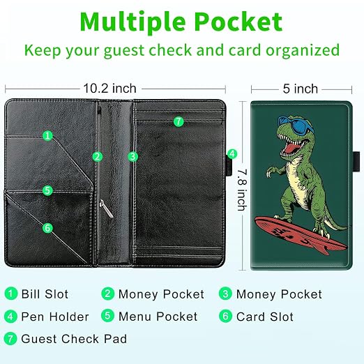 Server Books for Waitress, with 7 Large Pockets, Waiter Serving Book, Waitstaff Server Order Pads, Cute PU Leather Server Book with Pen Holder Fit Server Apron,Surfing Dinosaur - Image 3