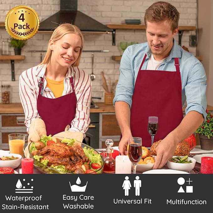 4 Packs Chef Apron, Waterproof Apron, Adjustable Aprons with 2 Pockets for Men Women, Professional Aprons for Kitchen Cooking Gardening Painting Baking Restaurant (Wine) - Image 2