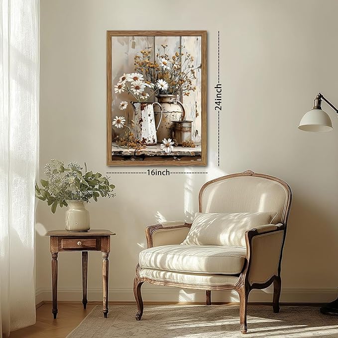 Country Wall Art, Farmhouse Pictures Wall Decor, Rustic Daisy Canvas Prints, Rusty Watering Can Art Paintings, Vintage Floral Artwork for Living Room Hallway Kitchen Bathroom Decor, Framed 16x24 In