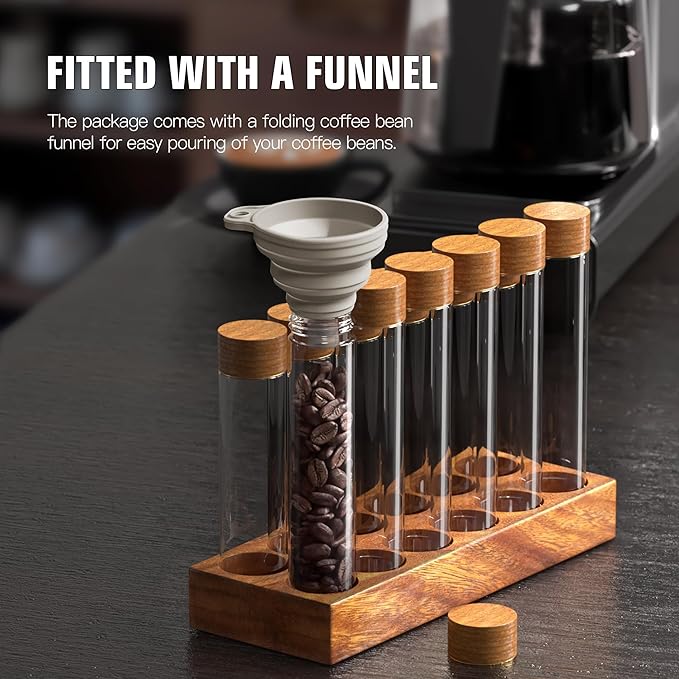 Coffee Bean Cellars with Stand & Hopper, Single Dose Coffee Bean Storage, 12 Pcs Espresso Bean Container with Wooden Holder, Dosing Glass Vials with Lids and Funnel for Coffee, Spices, Tea