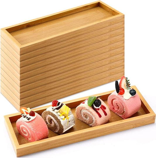 Bokon 10 Pcs Rectangle Wood Bamboo Tray Bamboo Serving Tray Wooden Serving Platter for Bathroom Counter Platter for Food Dinner Kitchen(Classic Style)