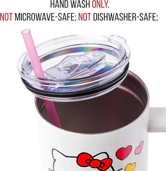 Silver Buffalo Sanrio Hello Kitty Name and Hearts Double Walled Stainless Steel Tumbler with Handle and Straw, Fits in Standard Cup Holder, 40 Ounces