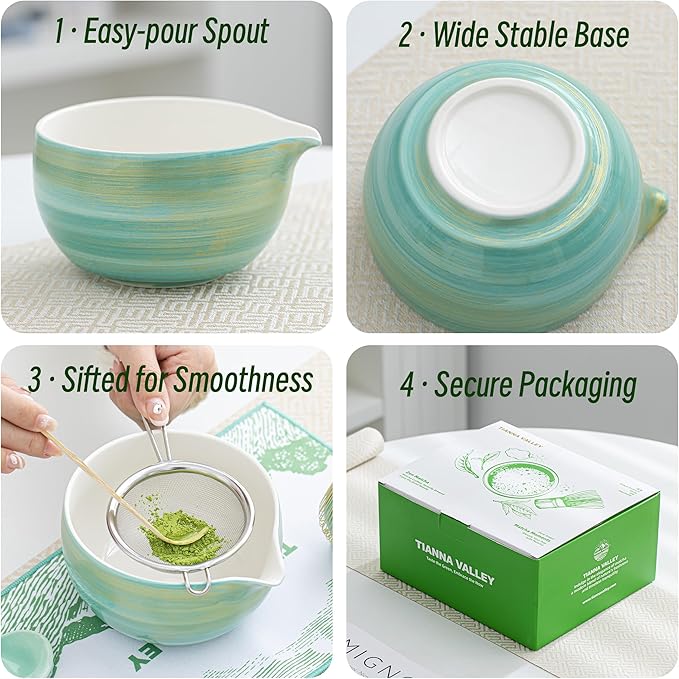 Matcha Whisk Set,7 Pcs Matcha Set Light Green,Matcha Kit for Ceremony,480Ml Ceramic Bowl(chawan) with Spout,Bamboo Whisk and Holder,Tradition Tea Set,Unique Gift
