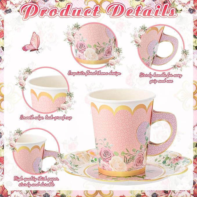 Vesici 150 Pcs Floral Tea Party Decorations for Table 9 oz Disposable Paper Tea Cups with Handles Plates, Saucers and Napkins Set for Spring Party Girl Birthday Wedding Mothers Day(Classic Style)