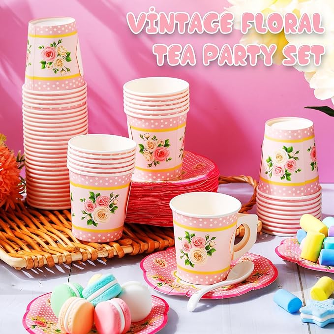100 Pcs Tea Party Decorations Includes 50 7 oz Paper Tea Cups with Handle 50 Vintage Floral Plates Disposable Tea Cups and Saucers for Wedding Spring Party Birthday Hot Cold Drinks(Pink)