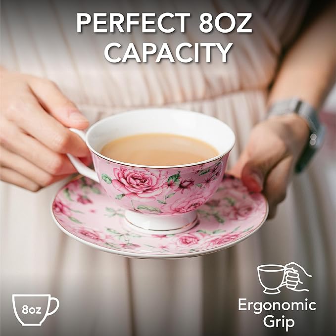 BTaT- Floral Tea Cups and Saucers, Set of 4, 8 oz, Fine Porcelain Teacup Set with Gold Trim for Afternoon Tea, Weddings, Parties & Gifting, Dishwasher Safe and Freezer Safe