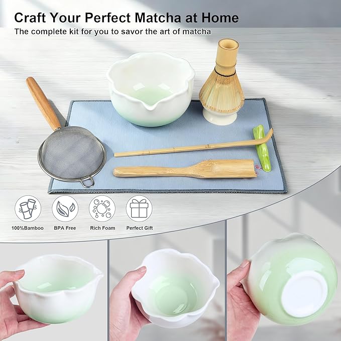 8Pcs Matcha Whisk Set with Floral Ceramic Matcha Bowl, Wooden-Handled Sifter, Bamboo Whisk, Whisk Holder, Bamboo Scoop, Scoop Rest, Spoon, Tea Towel, Greeting card, Gift for Beginners