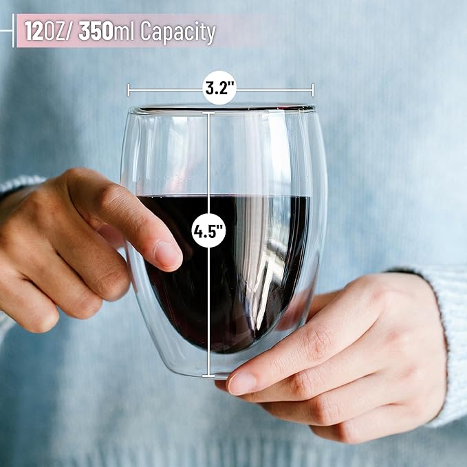 BTaT- Double Walled Stemless Wine Glasses, 12 oz, Set of 4, Smooth Rim Standard Wine Glass Tumbler for Hot & Cold Beverages, Gifts for Wedding, Christmas, Anniversary
