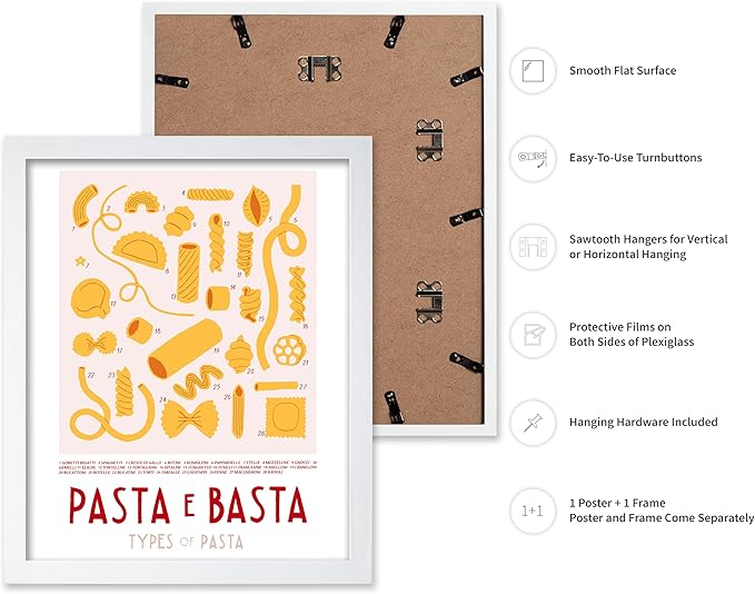 Poster Master Vintage Illustration Poster - Retro Food Print - Types of Pasta, Yellow, Spaghetti, Rotini, Penne - Gift for Artist, Chef - Wall Decor for Kitchen, Restaurant, 8x10 White Framed