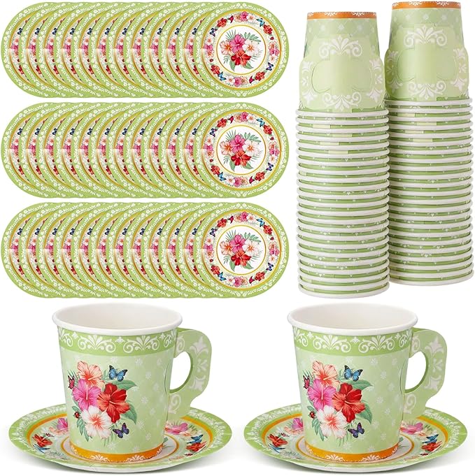 Nuogo 200 Pcs Floral Paper Tea Cups and Saucers 7 oz Disposable Tea Party Decorations Vintage Cute Paper Cups and Plates with Handles for Girls Wedding Baby Bridal Shower, Serve 100 (Green)