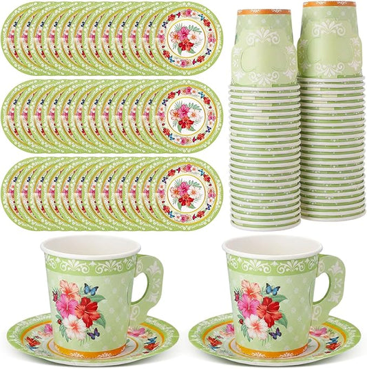 Nuogo 200 Pcs Floral Paper Tea Cups and Saucers 7 oz Disposable Tea Party Decorations Vintage Cute Paper Cups and Plates with Handles for Girls Wedding Baby Bridal Shower, Serve 100 (Green)