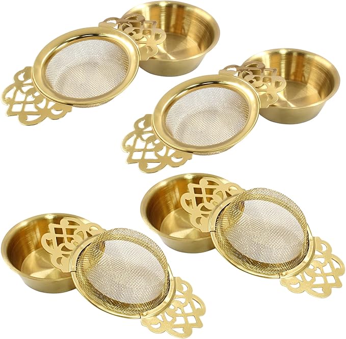 4 Pack Tea Strainers with Drip Bowls, Stainless Steel Tea Strainer Bowl Loose Leaf Tea Filter for 2.5-4 Inch Cup Mouth (Gold)