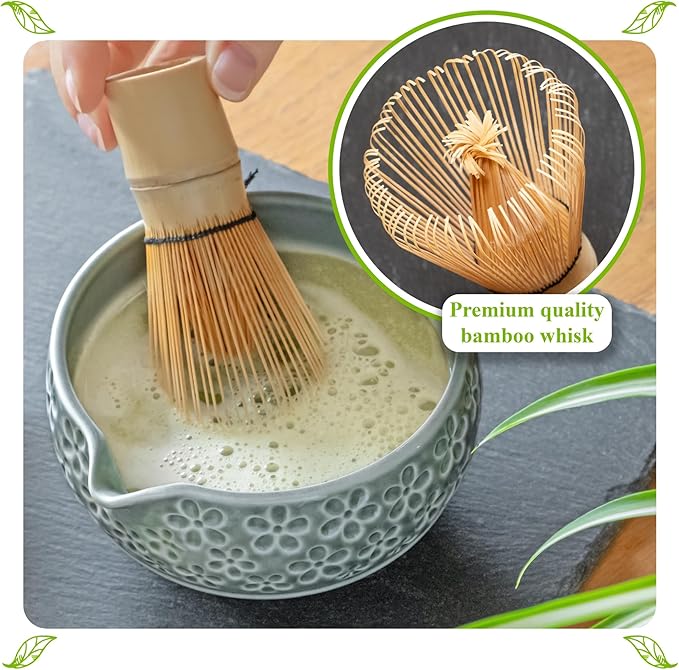 Matcha Whisk Set- Matcha Set includes Matcha Whisk and Bowl, Sifter, Holder and Scoop- The Perfect Bamboo Whisk for Matcha Tea (Blue Flowers)
