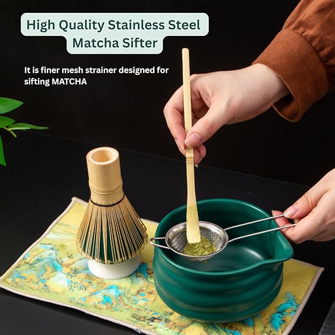 7PCS Ceramic Matcha Set – Traditional Japanese Tea Kit for Matcha Preparation with Pouring Bowl, Bamboo Whisk & Stand, Scoop with Rest, Sifter and Tea Cloth – Ideal for Matcha Lover
