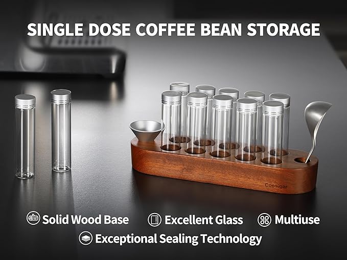 Coffee Bean Container, Single Dose Coffee Bean Storage,10PCS Coffee bean cellar container with wooden stand and funnel coffee spoon.(Silver lids)