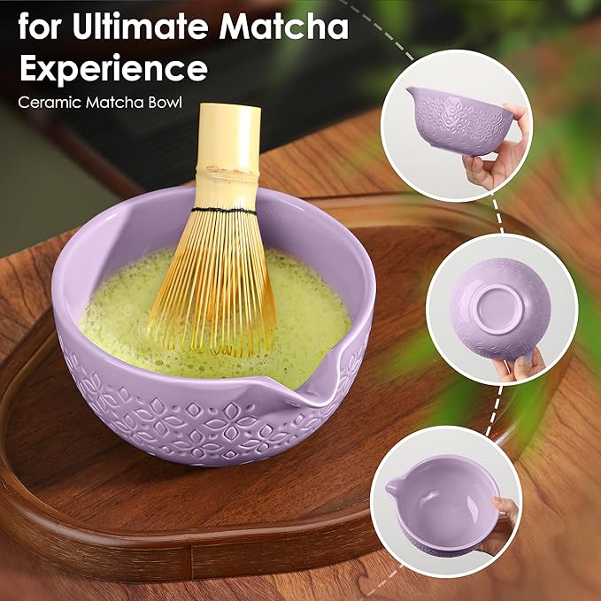 Matcha Whisk Set Matcha Kit - 7 Pcs Japanese Tea Set Includes Matcha Bowl with Spout,Bamboo Whisk with Ceramic Holder,Bamboo Scoop and Rest,Sifter,Tea Towel, for Ceremony Matcha Lovers Gift,Purple