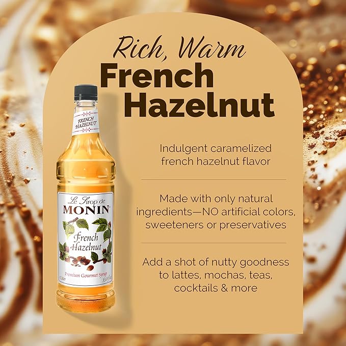 Monin - French Hazelnut Syrup, Nutty Flavor with Rich Caramelized Notes, Great for Coffee, Milkshakes, and Dessert Cocktails, Gluten-Free, Vegan, Non-GMO (1 Liter)