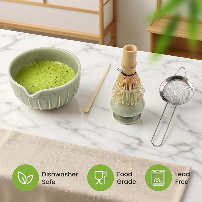 Farielyn-X Matcha Whisk Set, Japanese Tea Set (5pcs) includes Matcha Bowl with Spout (19 oz), Bamboo Whisk, Matcha Scoop, Matcha Whisk Holder (Chasen Holder), Stainless Steel Sifter, Macha Kit