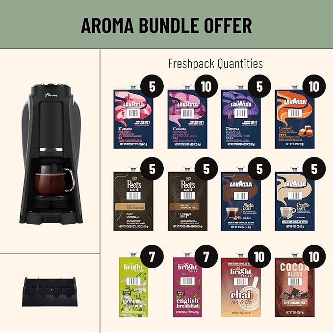 Flavia Aroma Brewer Bundle with 84 Freshpacks and 1 Merchandiser - Coffee Machine, Makes Coffee, Lattes, Tea, and other Hot or Iced Beverages with Single-Serve Freshpacks, Multiple Brew Sizes, Grey