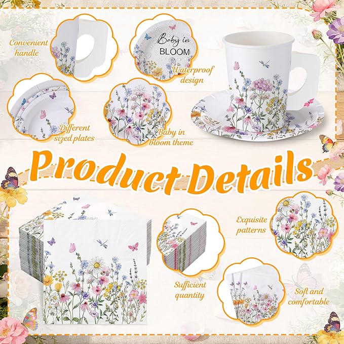 Pickmesh 252 Pcs Baby in Bloom Tea Party Supplies for 36 Guests Wildflower Paper Disposable Dinnerware Flower Teacup with Handle and Saucers Set for Tea Party Decorations Birthday Baby Shower Wedding