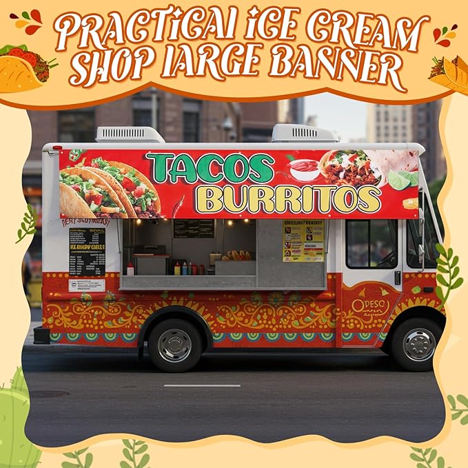 Tegeme Extra Large Tacos Burritos Banner Food Bar Oxford Fabric Display Banner with 10 Grommets for Restaurant Truck Business Snack Bar Sign, 24 x 120 Inch