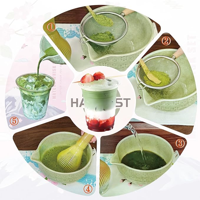 HAVIREST 8 pcs Matcha Whisk Set, Ceramic Bowl and Whisk Stand Spoon Holder Sifter Mat Towel, Japanese Ceremonial Grade Macha Tea Tools Kit, Gift for Women Match Starter Lover (Green)