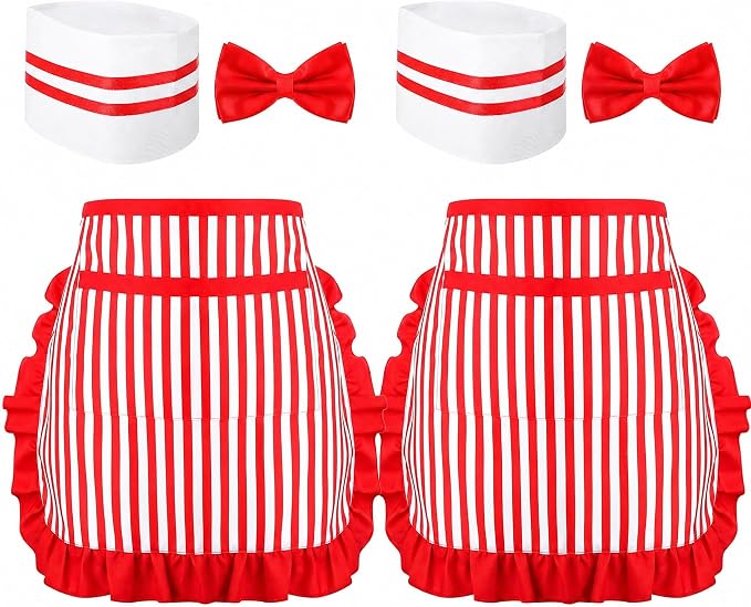1950s Waiter Costume Kit, Soda Jerk Costume, Red and White Striped Half Apron with 2 Pockets, Chef Hat, Red Bow Ties by XLSXEXCL