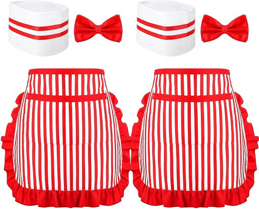 1950s Waiter Costume Kit, Soda Jerk Costume, Red and White Striped Half Apron with 2 Pockets, Chef Hat, Red Bow Ties by XLSXEXCL