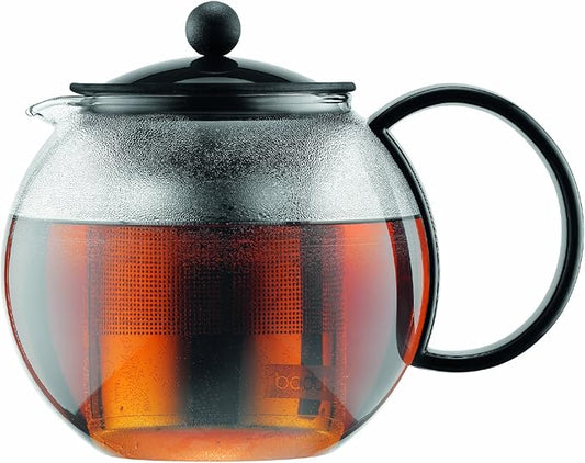 Bodum 34oz Assam Glass Tea Press with Stainless Steel Filter, Black Plastic Lid