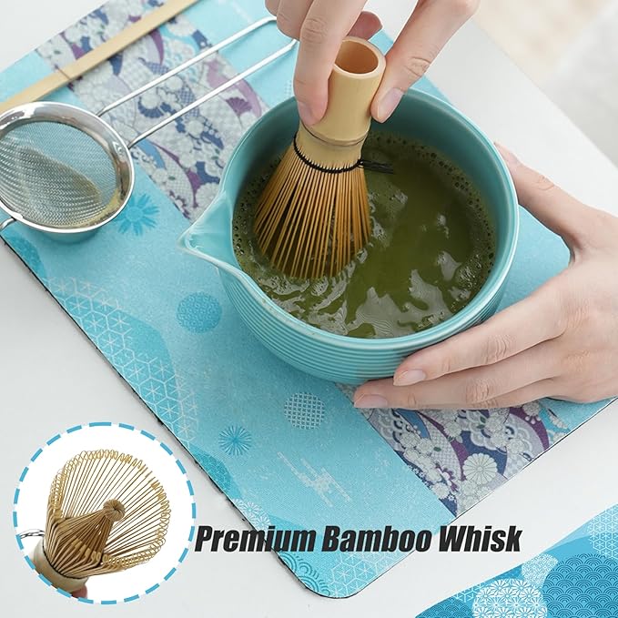 Clay&Fire Matcha Whisk Set, Ceramic Matcha Set, Matcha Bowl with Spout and Whisk, 9 pcs Matcha Tea Kit for Matcha Lovers, Ideal Gift Christmas, Birthday (Blue)
