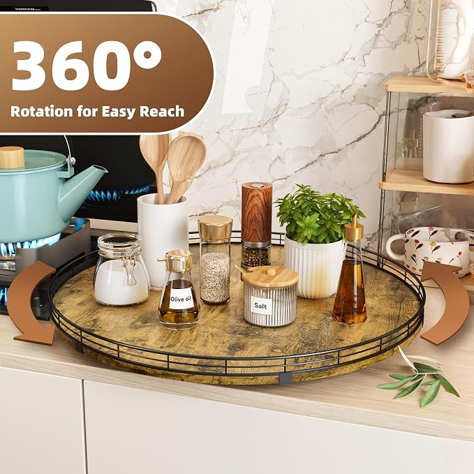 Lazy Susan Turntable Organizer for Table Top, 21’’ Round Wooden Lazy Susan for Cabinet Kitchen Countertop Pantry Dining Coffee Table for Condiments Spices, Rustic Bathroom Vanity Tray for Soap Candle - Image 3