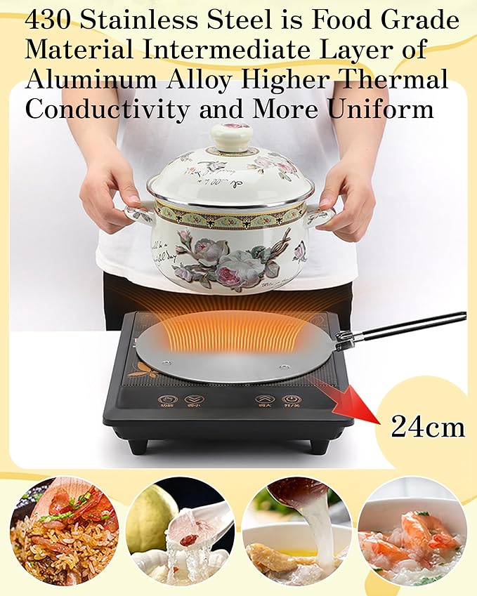 RoseFlower Induction Adaptor, 24cm/9.45" Foldable Handle Heat Diffuser Plate – Universal for Induction Cooker/Gas Stove, Portable Hob, Camping Cooker, Moka Pot Adapter Plate, Heat Diffuser for Cooking
