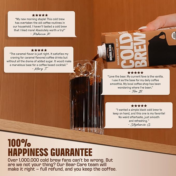 Wandering Bear Organic Unsweetened Extra Strong Cold Brew in a Box - Make Your Own Iced Coffee Drink with Wandering Bear Black Concentrate, Shelf-Stable & Vegan - 21 Servings - 32 fl.oz