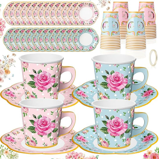 Umigy 36 Sets Tea Party Decorations 9 oz Floral Paper Tea Cups with Handle and Plates Disposable Blossom Teacups and Saucers Sets for Girls Kids Birthday Garden Wedding Party Supplies(Blue Pink)