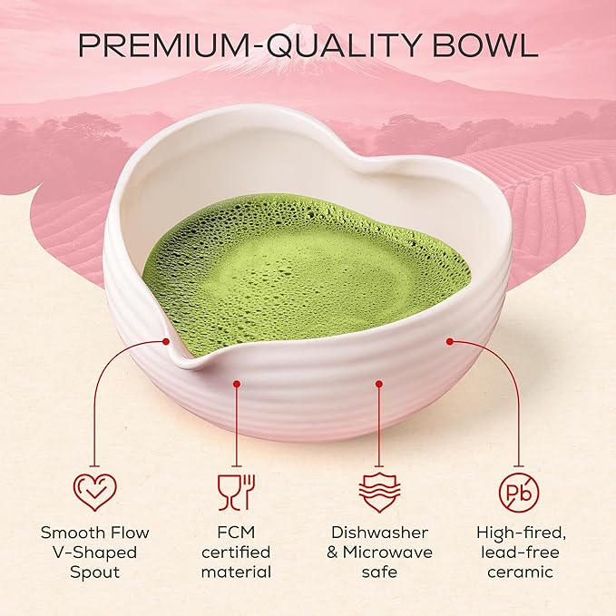 Rehny’s Matcha Whisk Set | Complete Pink Matcha Set w/Heart-Shaped Bowl, Bamboo Whisk, Holder, Stainless Steel Sifter, Bamboo Scoop | Cute Gift Present Macha Kit Handmade Bowl | Macha Powder Tea Kit