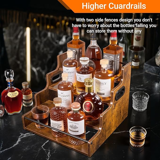 YQBRAO 4-Tier Tiered Liquor Bottle Display Shelf - 16-Inch Rustic Wood Liquor Rack & Coffee Syrup Organizer - Heavy-Duty Countertop Spice Rack with Guardrails & Handles for Bar, Kitchen, Office