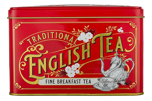 New English Teas Vintage Victorian Tea Tin in Berry-Red with 40 English Breakfast Teabags