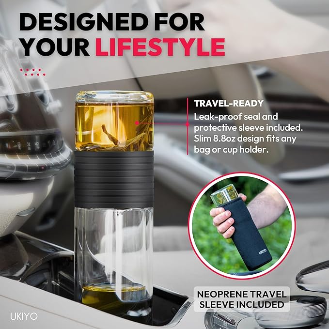 Premium Double-Wall Glass Tea & Fruit Infuser Bottle - Travel Tumbler with Stainless Steel Filter and Neoprene Sleeve