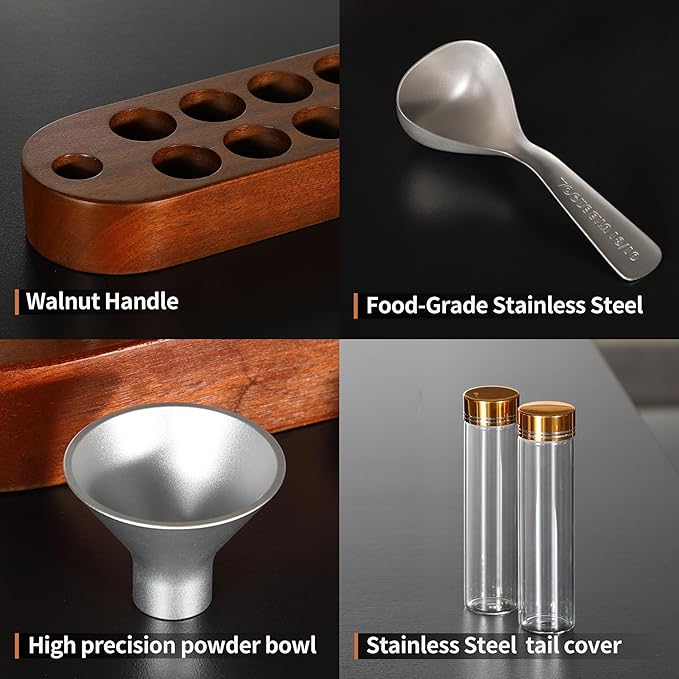 Coffee Bean Container, Single Dose Coffee Bean Storage,10PCS Coffee bean cellar container with wooden stand and funnel coffee spoon.(Silver lids)