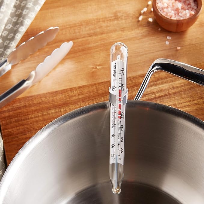 CDN Candy & Deep Fry Thermometer | 8" Durable Lab Glass | Non-Mercuric, Dual-Scale | 75–400°F Range | For Candy Stages, Deep Frying, Oil, Jelly, Sugar | Pot Clip Mount | TCF400