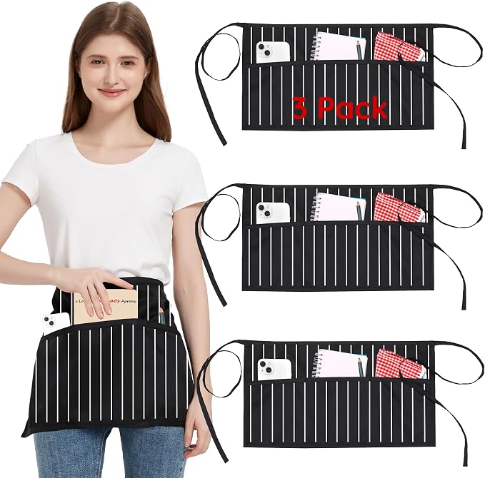 3 Pack Waist Apron with 3 Pockets, Unisex Black Waiter Aprons, Water Resistant Server Aprons for Restaurant Chef Bar by FunChaos