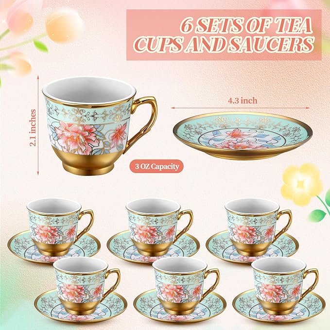 Vintage Floral Tea Cups and Saucers Set of 6 (3 Oz), Porcelain Tea Cup Sets Assorted Colors with Gift Box for Cappuccino, Macchiato, Birthday Party Supply(Green)