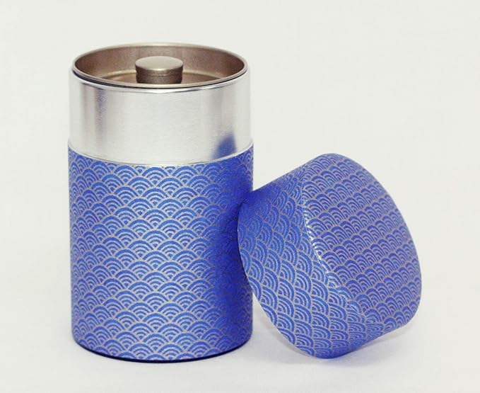 Washi Paper Tea Tin Canister: Long 3.5oz (100g) Deepsea waves (#78), Japan