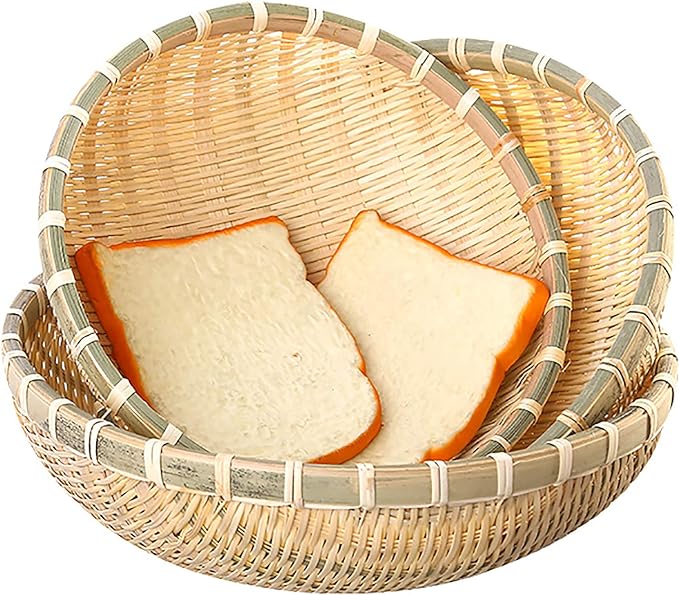 Cedilis 3 Pack Bamboo Basket Tray, Wicker Bread Basket, 100% Natural Handmade Woven Fruit Basket, U Shape Holder Flat Shallow Vegetables Serving Basket, Stackable, 10Inch, 11Inch, 12Inch