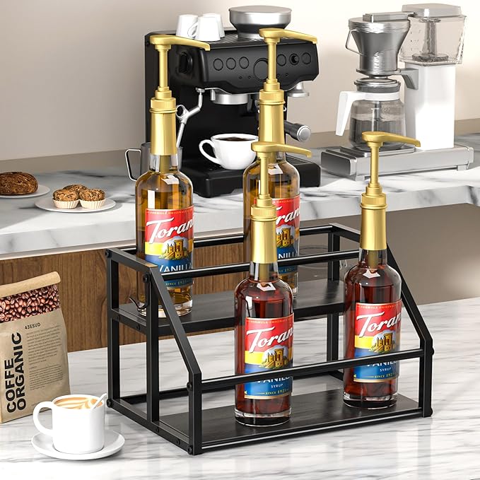 Coffee Syrup Rack Organizer, Syrup Bottle Holder Stand for Coffee Bar, 2-Tier 8 Bottles Storage Shelves for Syrup, Wine, Dressing for Kitchen Countertop, Black