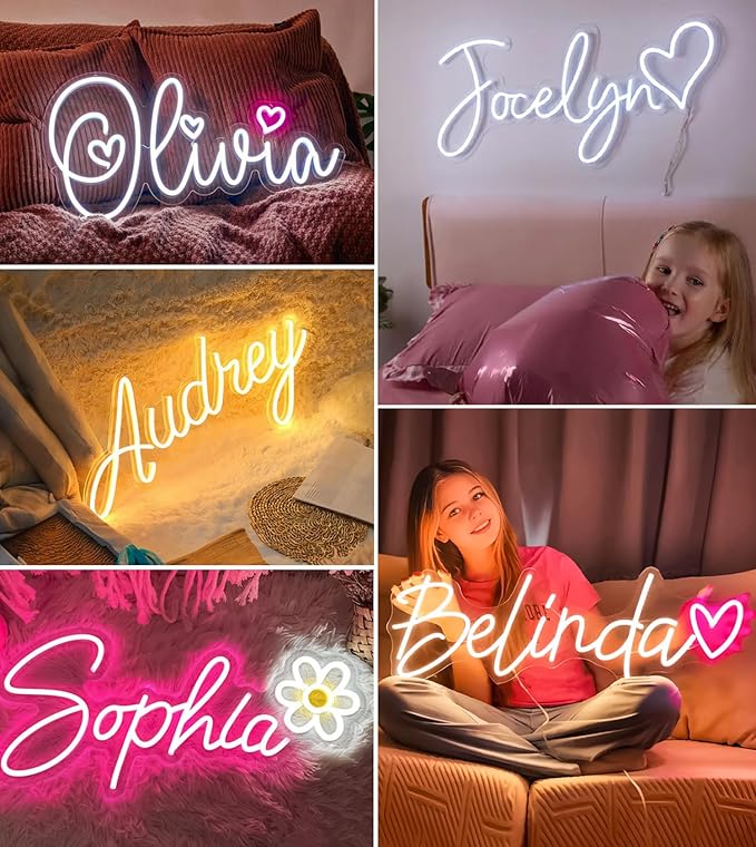CIONAOR Custom Neon Signs, Personalized LED Name Sign for Bedroom Wall Decor, Aesthetic Nursery Light Up Sign, Dimmable Neon Letters for Boys & Girls, Custom Gifts for Family Birthday Party & Playroom