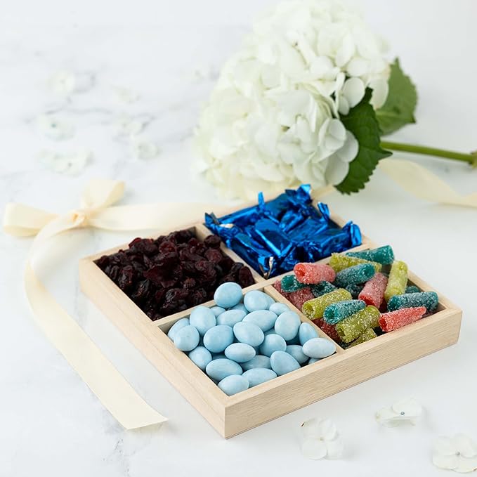 Wooden Candy Platters - Set of 2, 7"x7" Bamboo Square Serving Trays for Parties, Events, and Home Decor - 4 Compartment Candy and Snack Organizer (2 Pack)